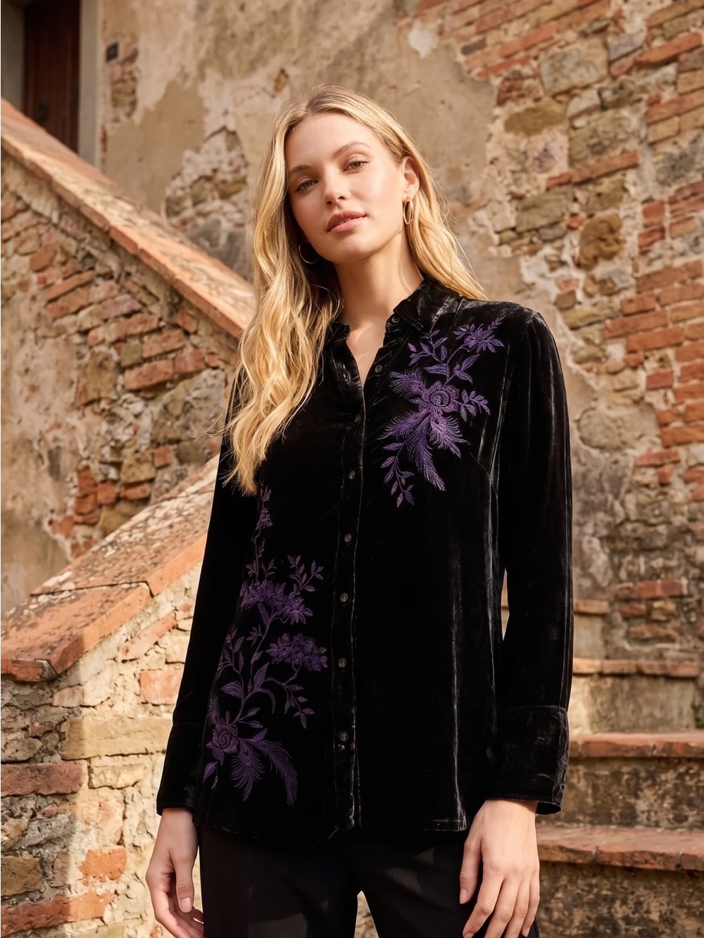 NWT Johnny Was Black Velvet Button-Up Top with Purple Floral Embroidery size XS